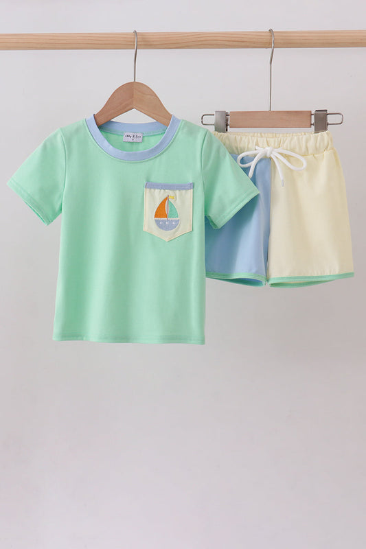 Color Block Sailboat Embroidery Shorts Set