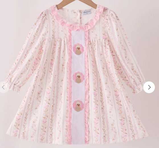 Pink Floral Turkey Embroidery Ruffle Dress