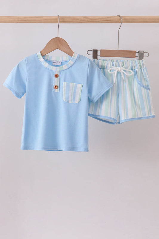 Blue Stripe Print Shorts Set